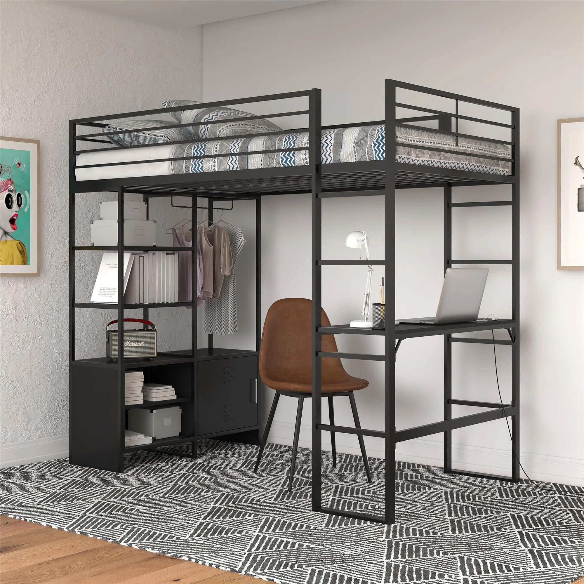 Lanis Metal Storage Loft Bed with Desk, Shelves, Cabinet and USB Port